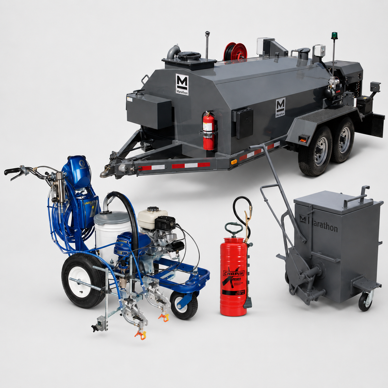 A professional-grade paint delivery system shown on a light gray studio background, including a gray trailer with a large hopper, a blue wheeled paint delivery cart with engine, a red fire extinguisher, and a gray walk-behind cart labeled Marathon.