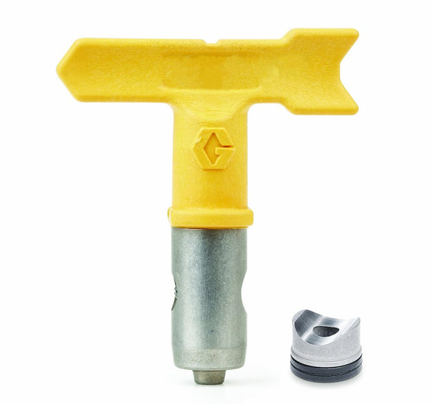 Yellow spray gun nozzle with a silver body on a white background