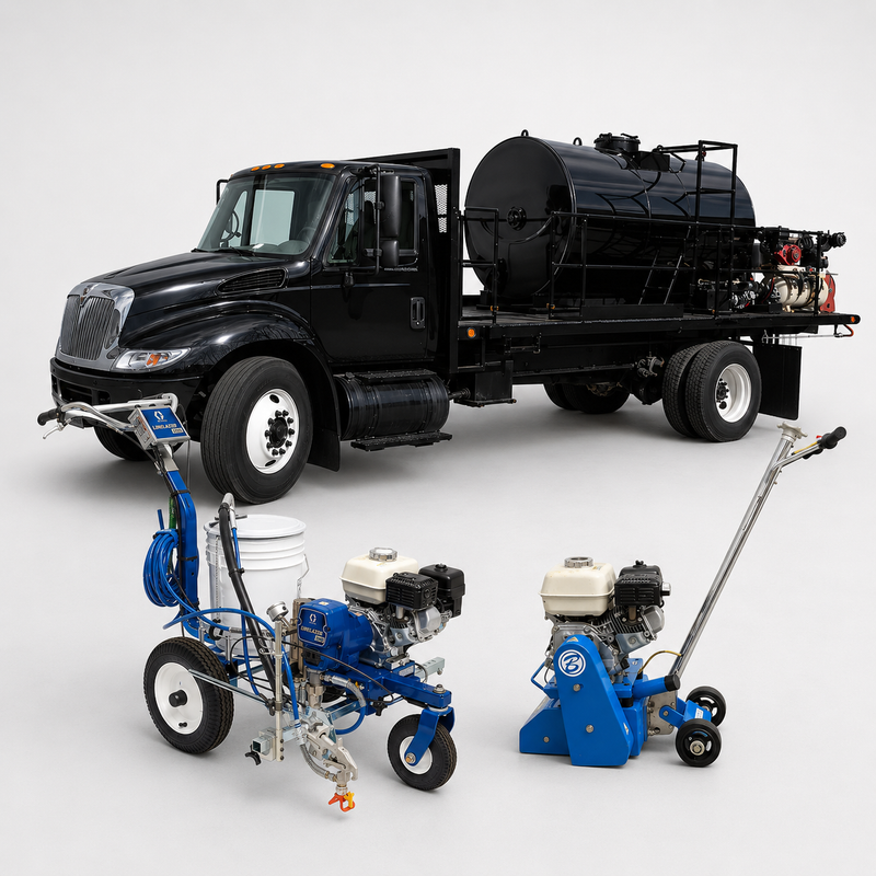 A black utility truck with a large black tank on a flatbed is shown against a light gray studio background, with two blue and white agricultural spraying machines positioned in front. No people or real environment are present.