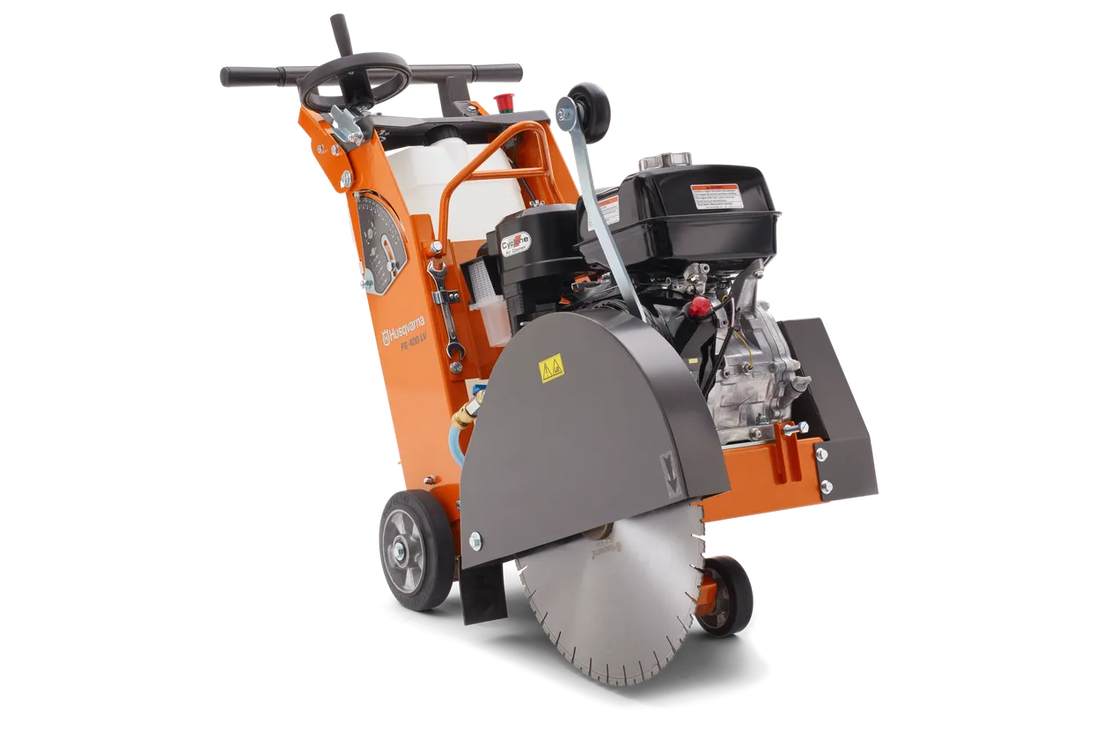 Stump grinder with orange and gray color scheme on a white background
