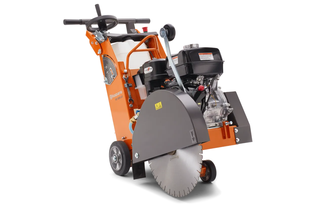 Stump grinder with orange and gray color scheme on a white background