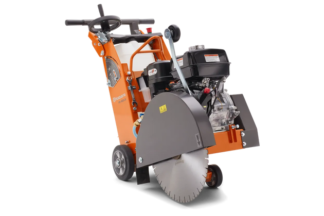 Stump grinder with orange and gray color scheme on a white background