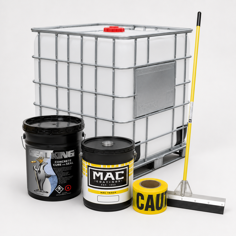 A large whiteIBC tote container with a metal grid frame, shown with two branded paint buckets, a roll of yellow caution tape, and a yellow-and-black push broom on a light gray studio background. Visible product branding includes MAC and Macgregor.